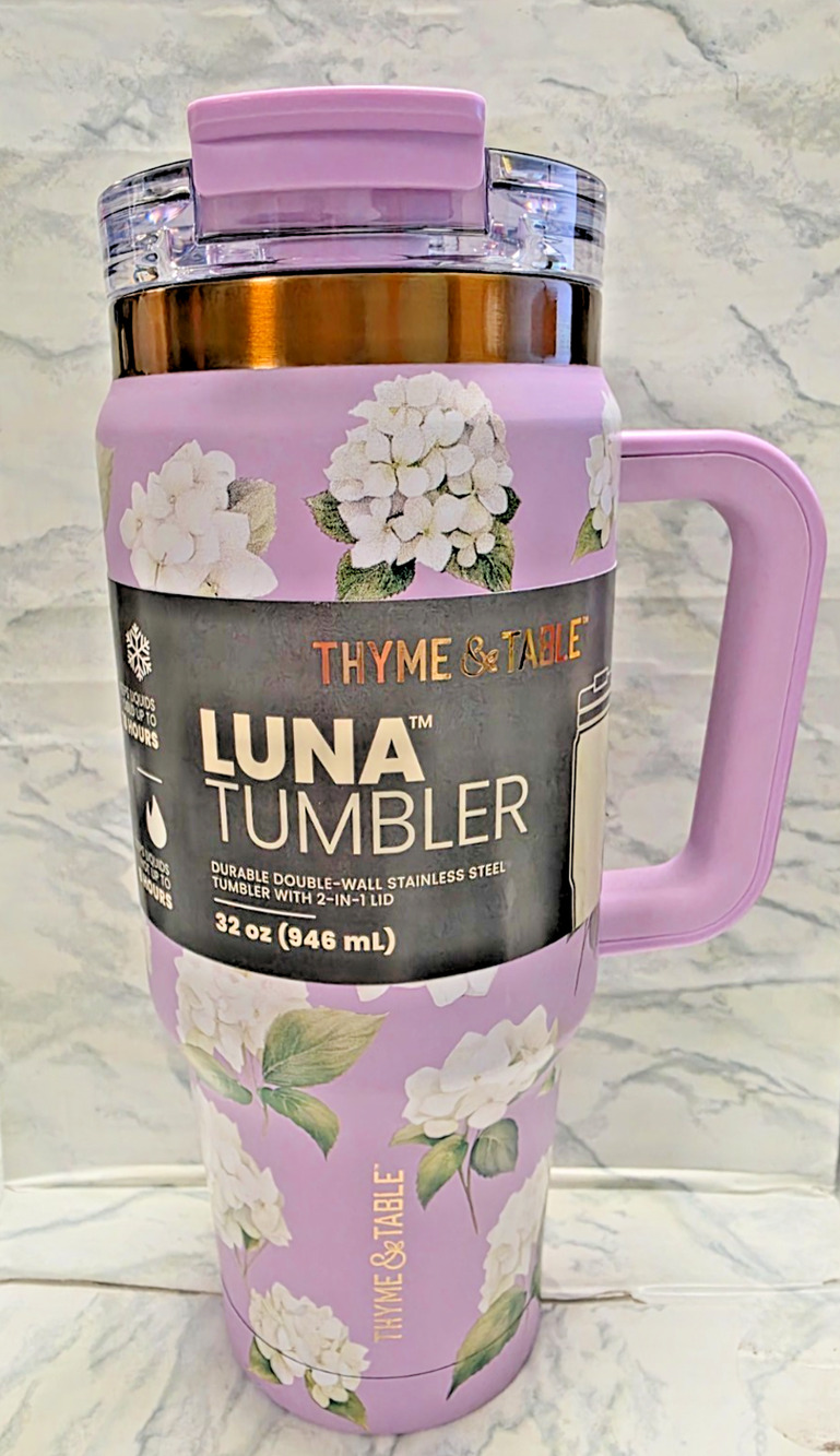 Thyme & Table Luna Tumbler 32 oz., Pink White Hydrangea, 2-n-1 Lid w/Straw, New